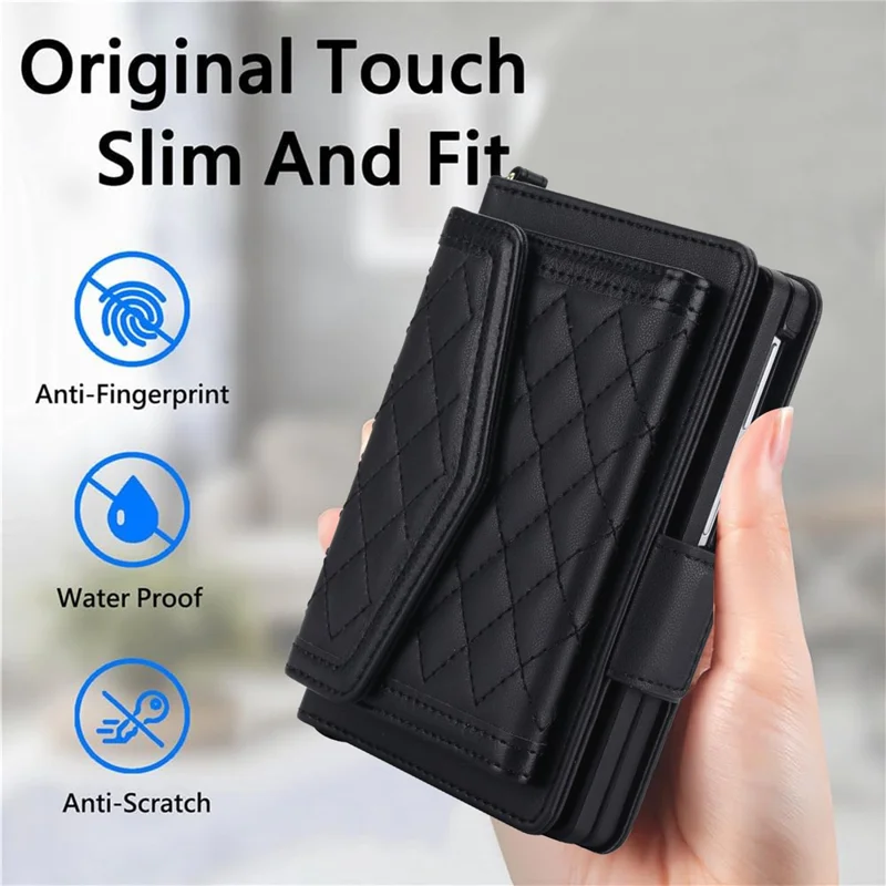 For Samsung Galaxy Z Fold8 Case Card Holders RFID Blocking PU Leather + TPU Phone Back Cover with Shoulder Strap - Black