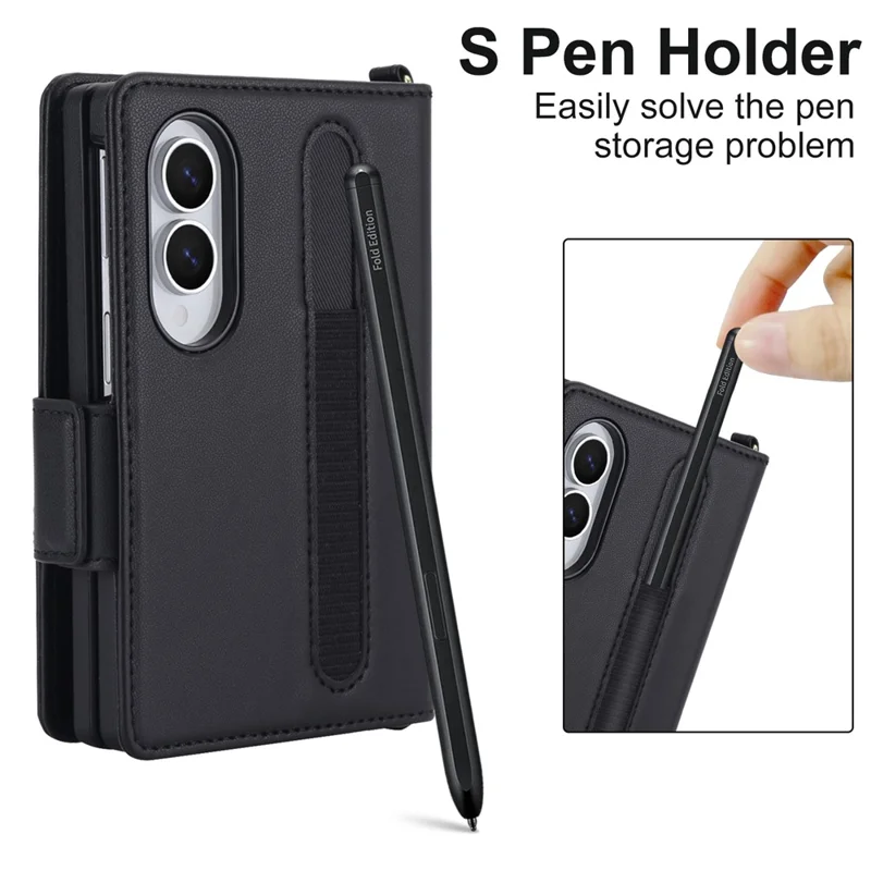 For Samsung Galaxy Z Fold8 Case Card Holders RFID Blocking PU Leather + TPU Phone Back Cover with Shoulder Strap - Black