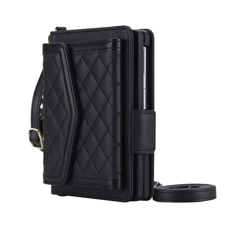 For Samsung Galaxy Z Fold8 Case Card Holders RFID Blocking PU Leather + TPU Phone Back Cover with Shoulder Strap - Black
