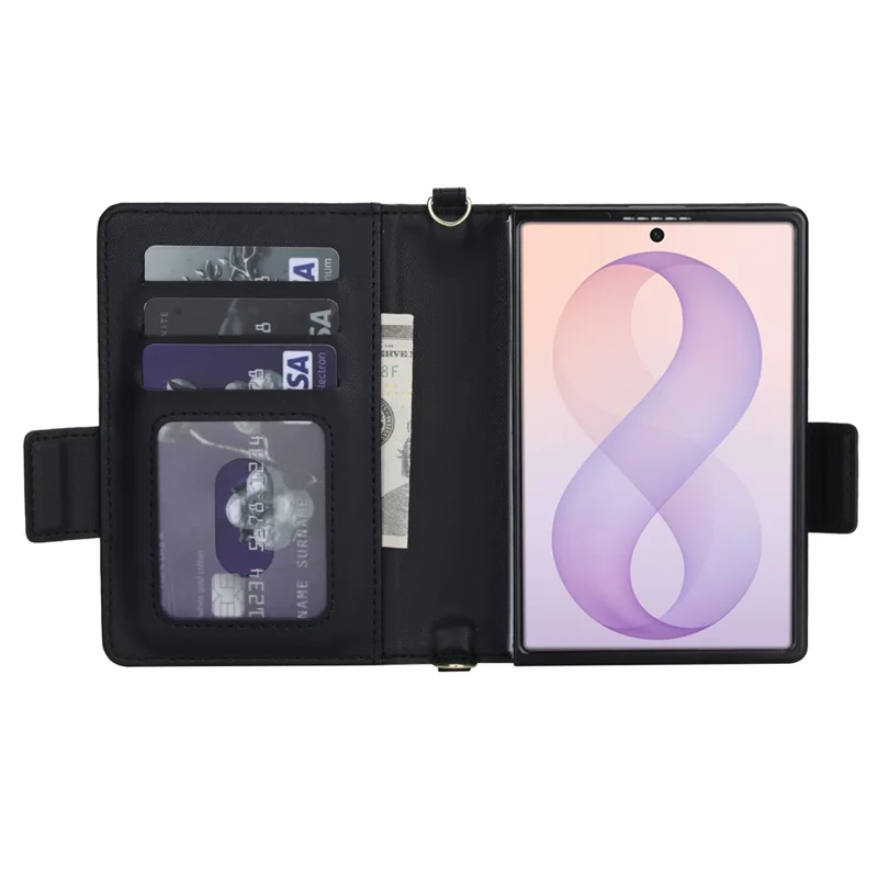 For Samsung Galaxy Z Fold8 Case Card Holders RFID Blocking PU Leather + TPU Phone Back Cover with Shoulder Strap - Black