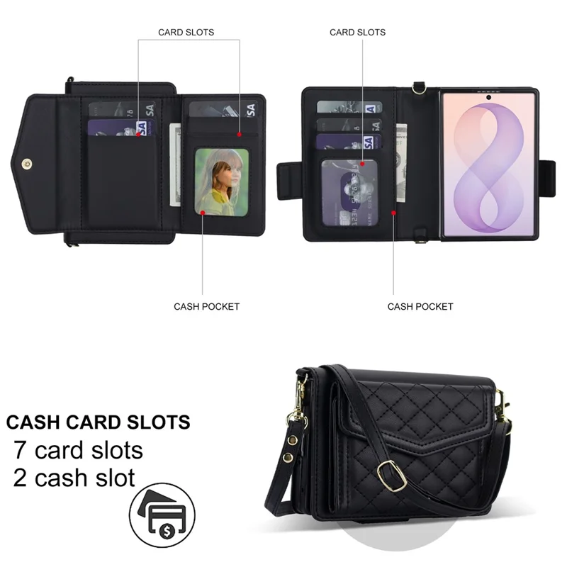 For Samsung Galaxy Z Fold8 Case Card Holders RFID Blocking PU Leather + TPU Phone Back Cover with Shoulder Strap - Black