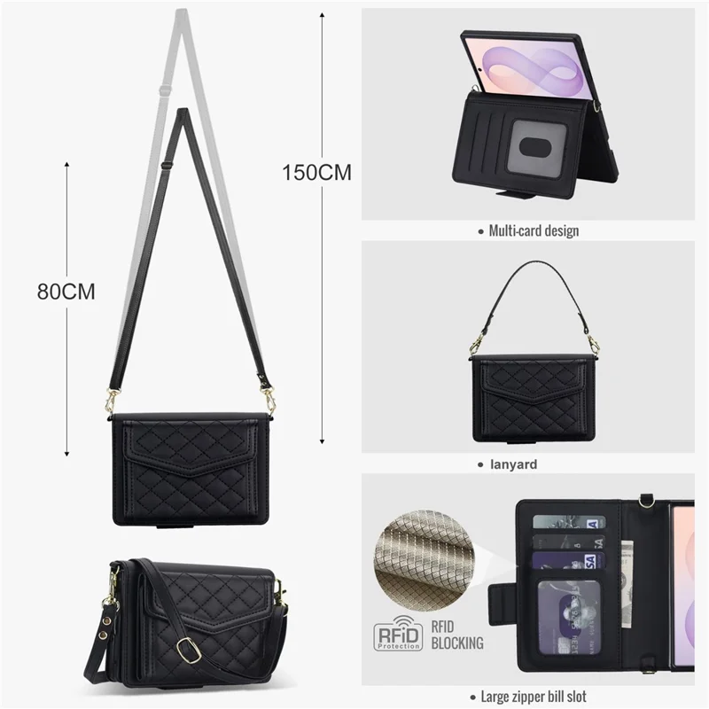 For Samsung Galaxy Z Fold8 Case Card Holders RFID Blocking PU Leather + TPU Phone Back Cover with Shoulder Strap - Black