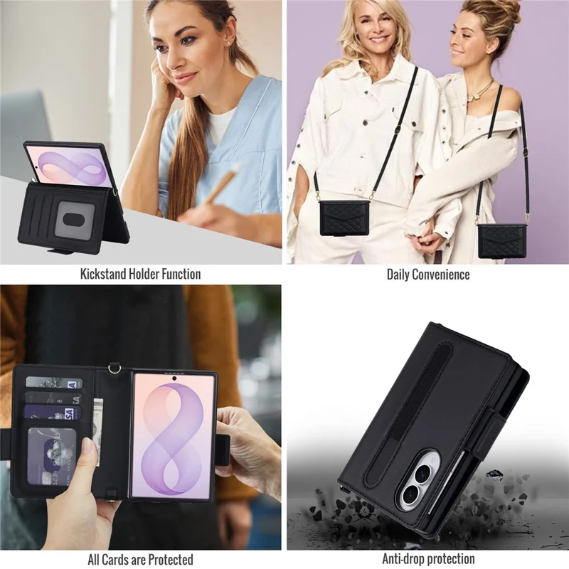 For Samsung Galaxy Z Fold8 Case Card Holders RFID Blocking PU Leather + TPU Phone Back Cover with Shoulder Strap - Black