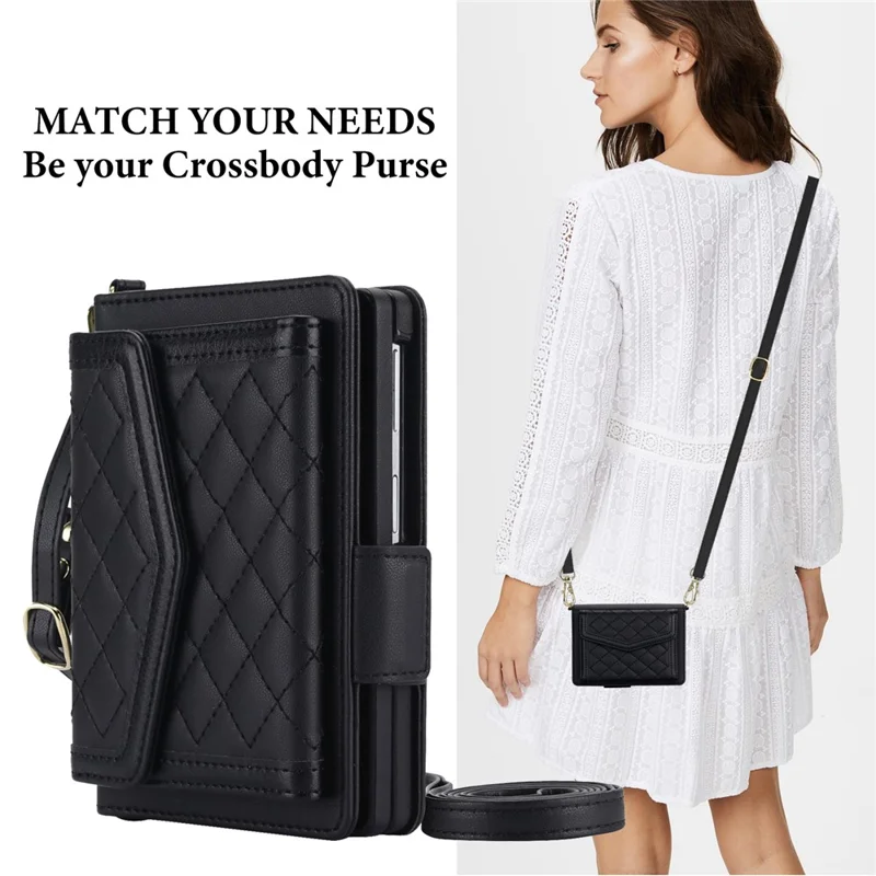 For Samsung Galaxy Z Fold8 Case Card Holders RFID Blocking PU Leather + TPU Phone Back Cover with Shoulder Strap - Black