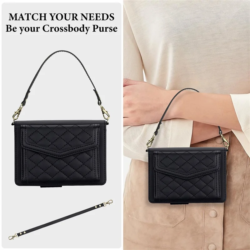 For Samsung Galaxy Z Fold8 Case Card Holders RFID Blocking PU Leather + TPU Phone Back Cover with Shoulder Strap - Black