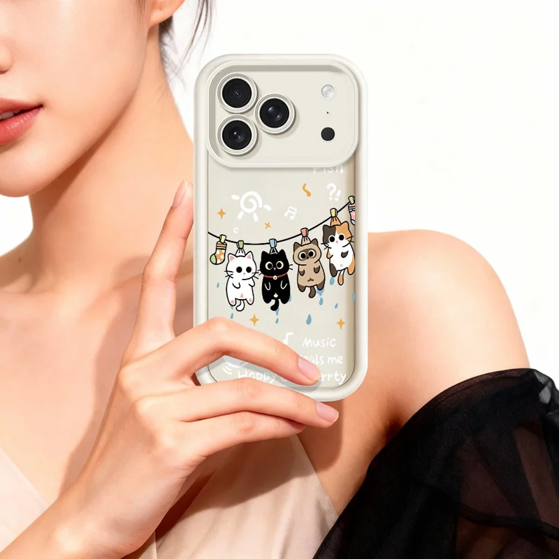 For iPhone 18 Pro  /  17 Pro TPU Case Four Cartoon Cat Pattern Rubberized Phone Back Cover - White