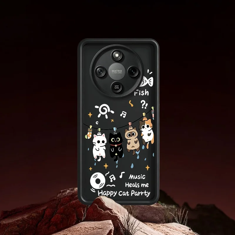TPU Case For Honor X70 5G  /  X9d 5G  /  Magic8 Lite 5G Four Cartoon Cat Pattern Rubberized Phone Back Cover - Black