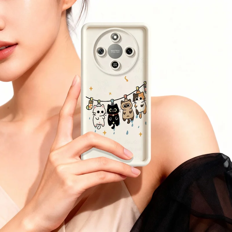 TPU Case For Honor X70 5G  /  X9d 5G  /  Magic8 Lite 5G Four Cartoon Cat Pattern Rubberized Phone Back Cover - Black
