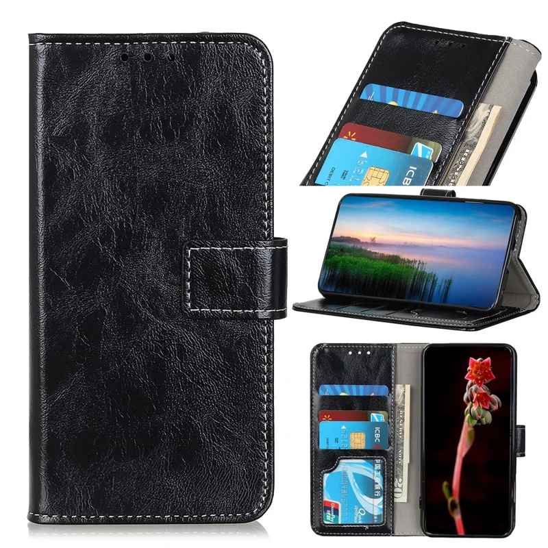 For Sony Xperia 10 VIII Case Wallet Leather Phone Cover Crazy Horse Texture - Black