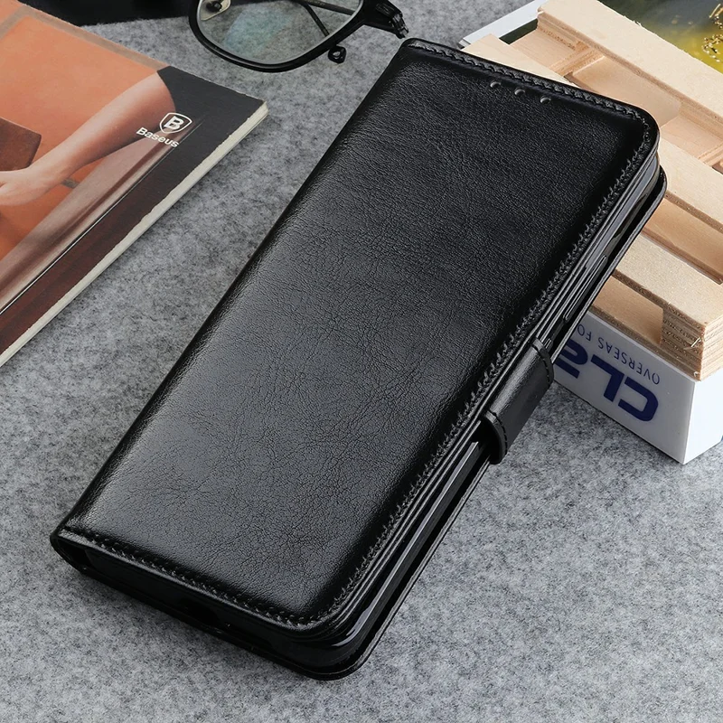 For Google Pixel 11a Case Crazy Horse Texture PU Leather Phone Stand Cover - Black