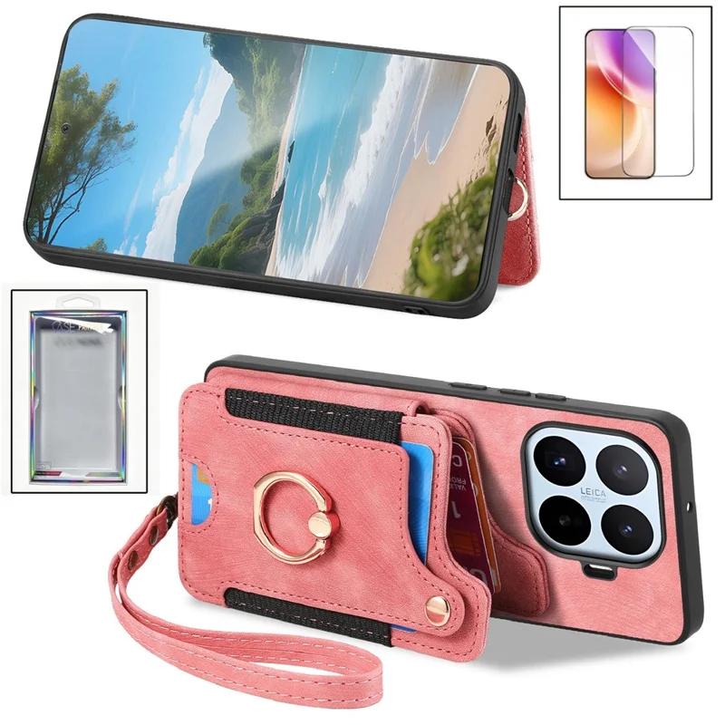For Xiaomi 17T Case RFID Blocking Card Holder Retro PU Leather Back Cover with Tempered Glass Screen Protector - Pink