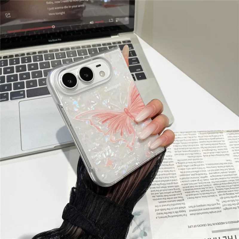 For iPhone Duo Case Shell Texture Shockproof PC Foldable Phone Cover - Pink Butterfly