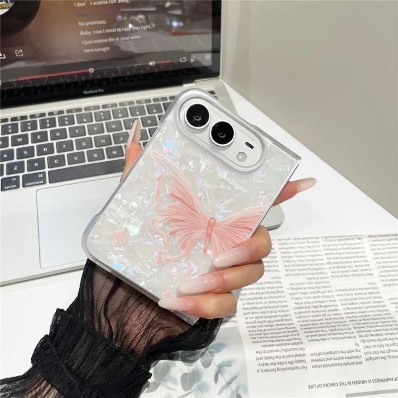 For iPhone Duo Case Shell Texture Shockproof PC Foldable Phone Cover - Pink Butterfly