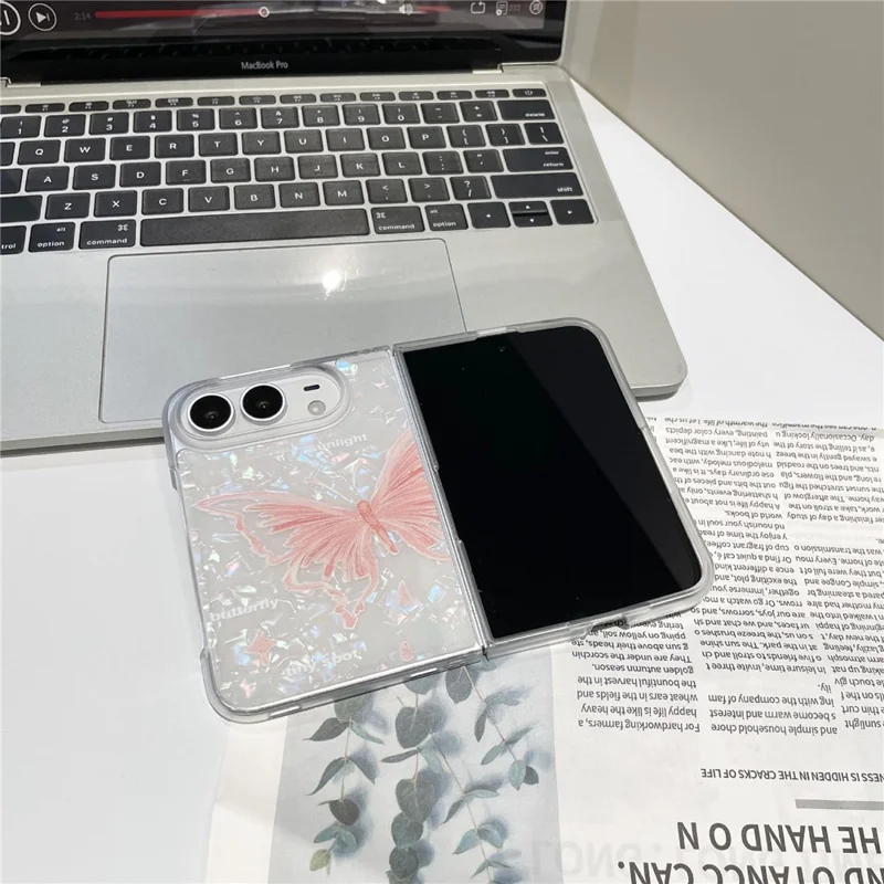 For iPhone Duo Case Shell Texture Shockproof PC Foldable Phone Cover - Pink Butterfly