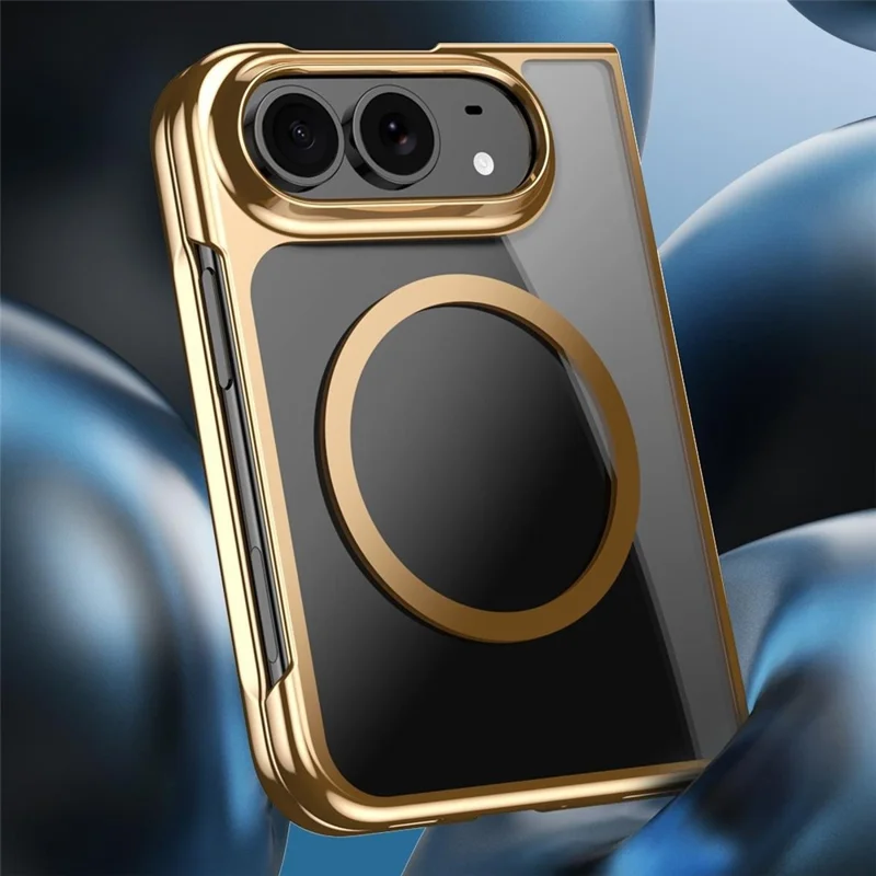 For iPhone Duo Magnetic Case Electroplated Shockproof PC Clear Phone Cover Built-In Tempered Glass Screen Protector - Gold