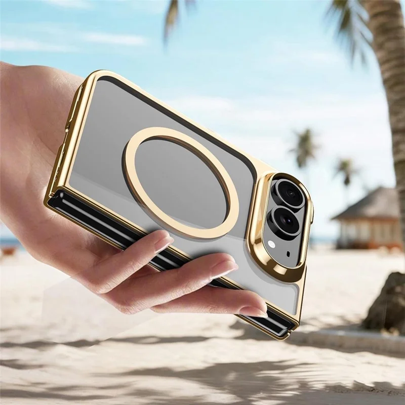For iPhone Duo Magnetic Case Electroplated Shockproof PC Clear Phone Cover Built-In Tempered Glass Screen Protector - Gold