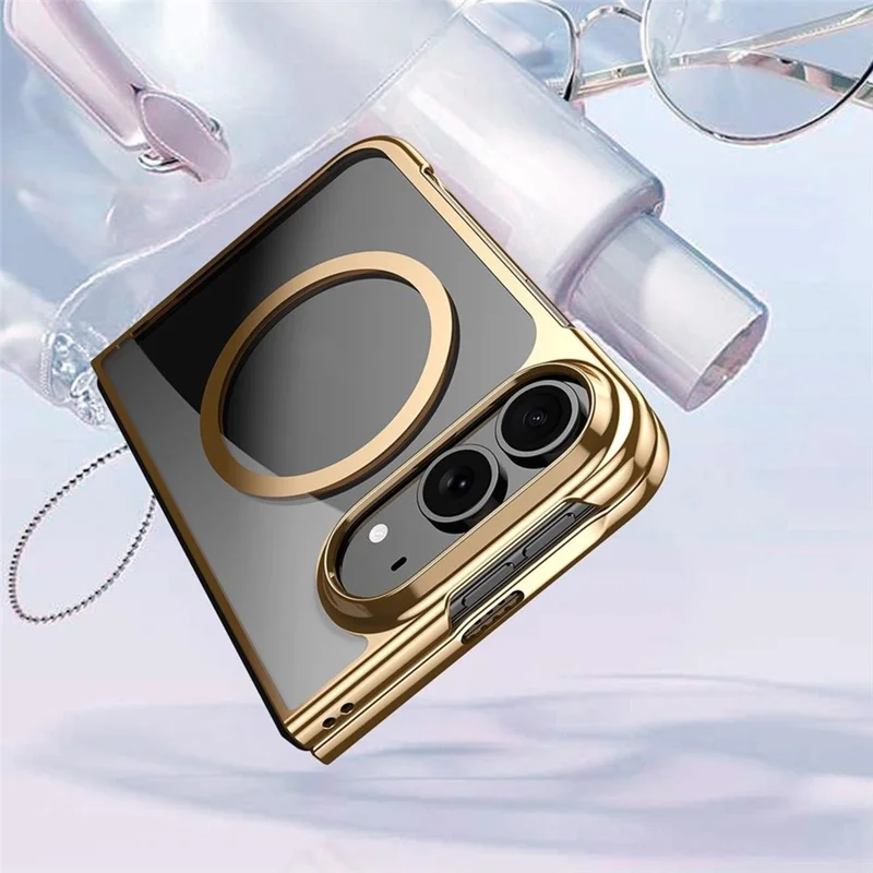 For iPhone Duo Magnetic Case Electroplated Shockproof PC Clear Phone Cover Built-In Tempered Glass Screen Protector - Gold