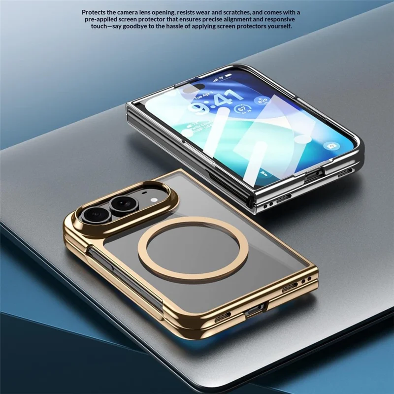 For iPhone Duo Magnetic Case Electroplated Shockproof PC Clear Phone Cover Built-In Tempered Glass Screen Protector - Gold