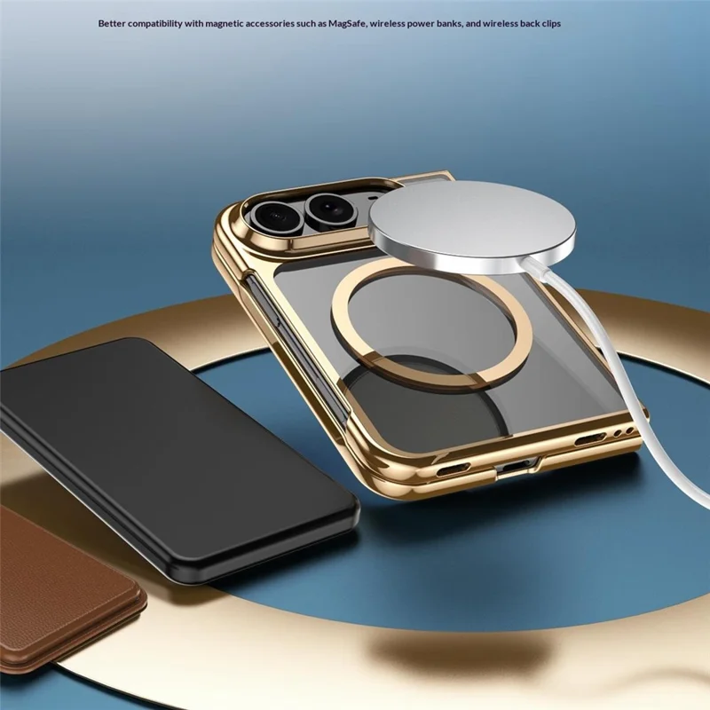 For iPhone Duo Magnetic Case Electroplated Shockproof PC Clear Phone Cover Built-In Tempered Glass Screen Protector - Gold