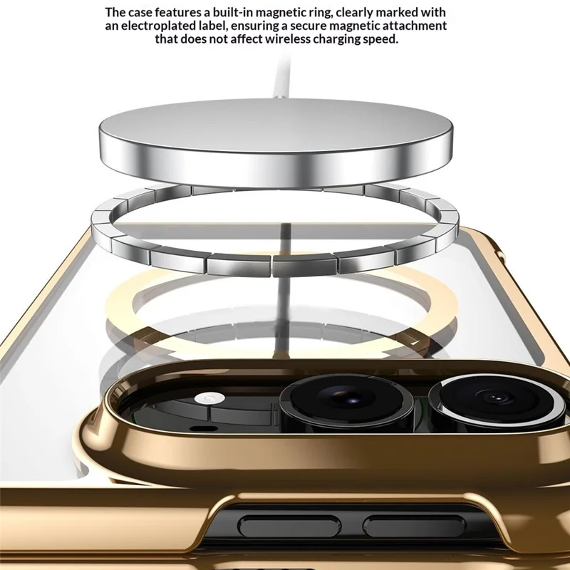 For iPhone Duo Magnetic Case Electroplated Shockproof PC Clear Phone Cover Built-In Tempered Glass Screen Protector - Gold