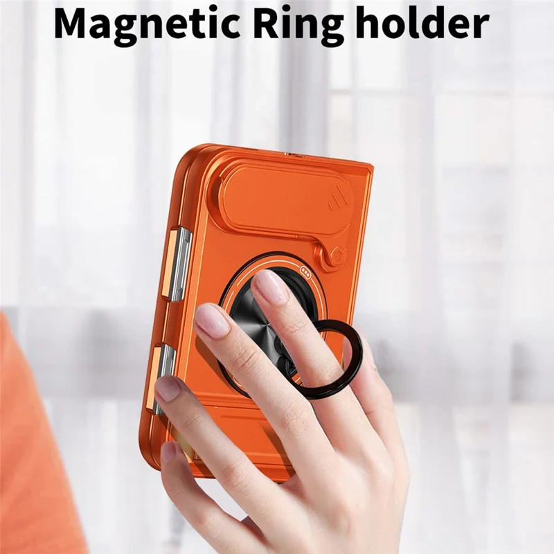 For iPhone Duo Magnetic Case Ring Holder Foldable Kickstand TPU PC Phone Cover with Camera Lens Slider - Orange