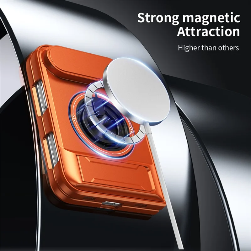 For iPhone Duo Magnetic Case Ring Holder Foldable Kickstand TPU PC Phone Cover with Camera Lens Slider - Orange