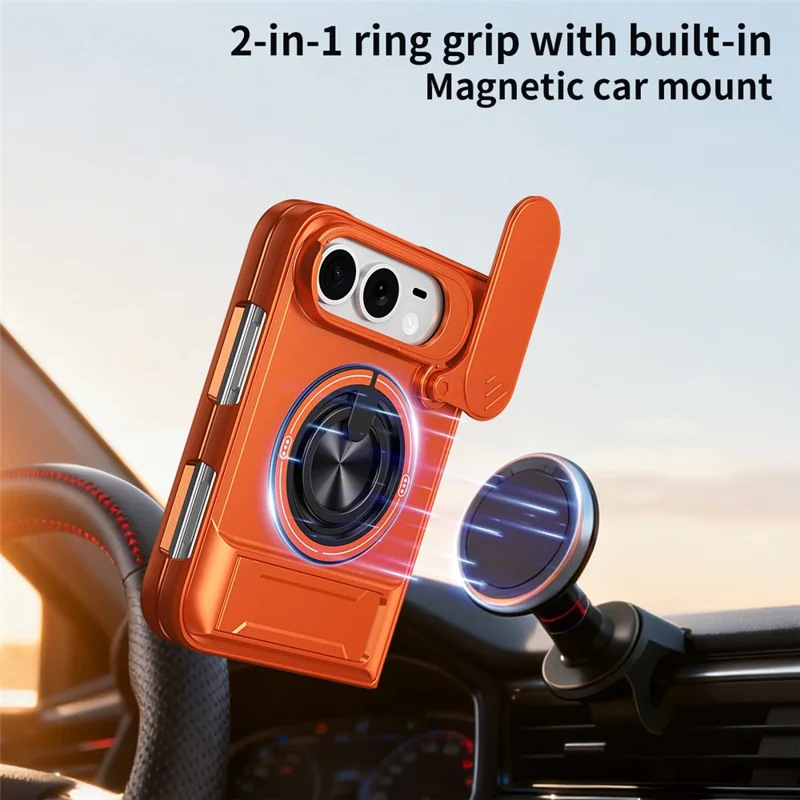 For iPhone Duo Magnetic Case Ring Holder Foldable Kickstand TPU PC Phone Cover with Camera Lens Slider - Orange