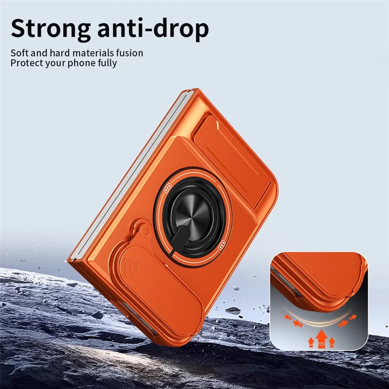 For iPhone Duo Magnetic Case Ring Holder Foldable Kickstand TPU PC Phone Cover with Camera Lens Slider - Orange