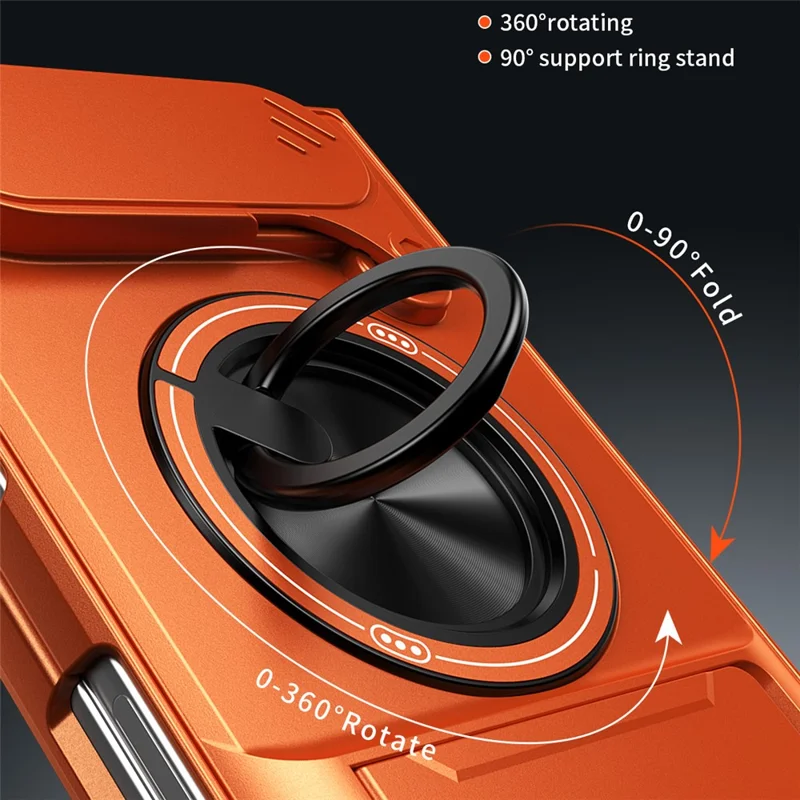 For iPhone Duo Magnetic Case Ring Holder Foldable Kickstand TPU PC Phone Cover with Camera Lens Slider - Orange
