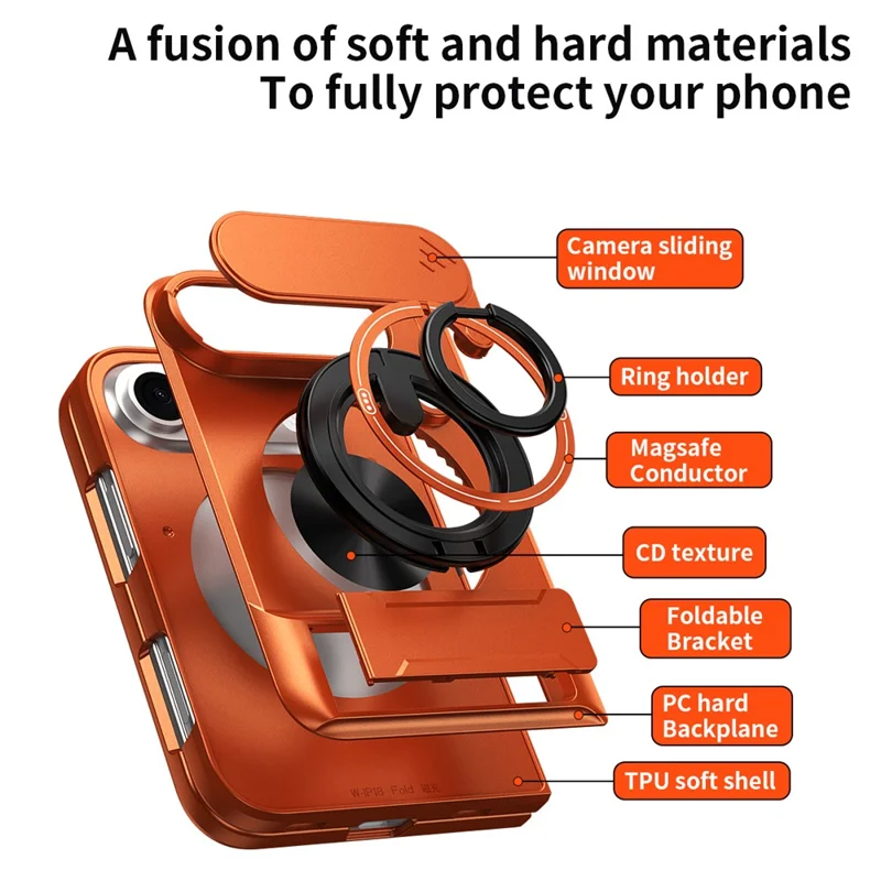 For iPhone Duo Magnetic Case Ring Holder Foldable Kickstand TPU PC Phone Cover with Camera Lens Slider - Orange