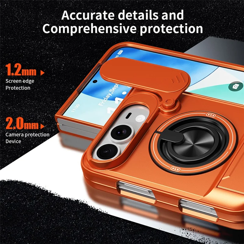 For iPhone Duo Magnetic Case Ring Holder Foldable Kickstand TPU PC Phone Cover with Camera Lens Slider - Orange