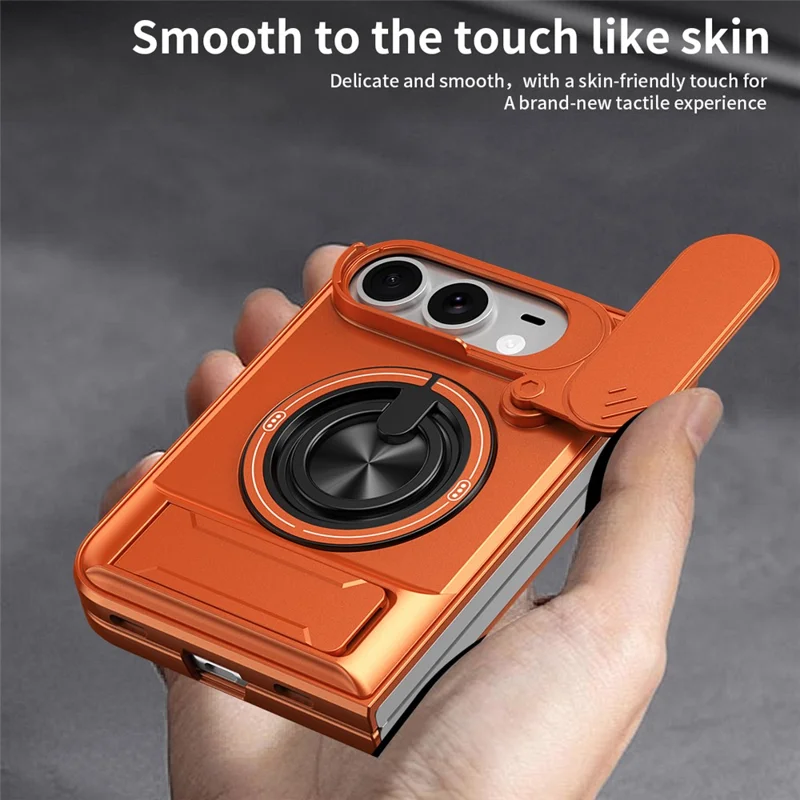 For iPhone Duo Magnetic Case Ring Holder Foldable Kickstand TPU PC Phone Cover with Camera Lens Slider - Orange