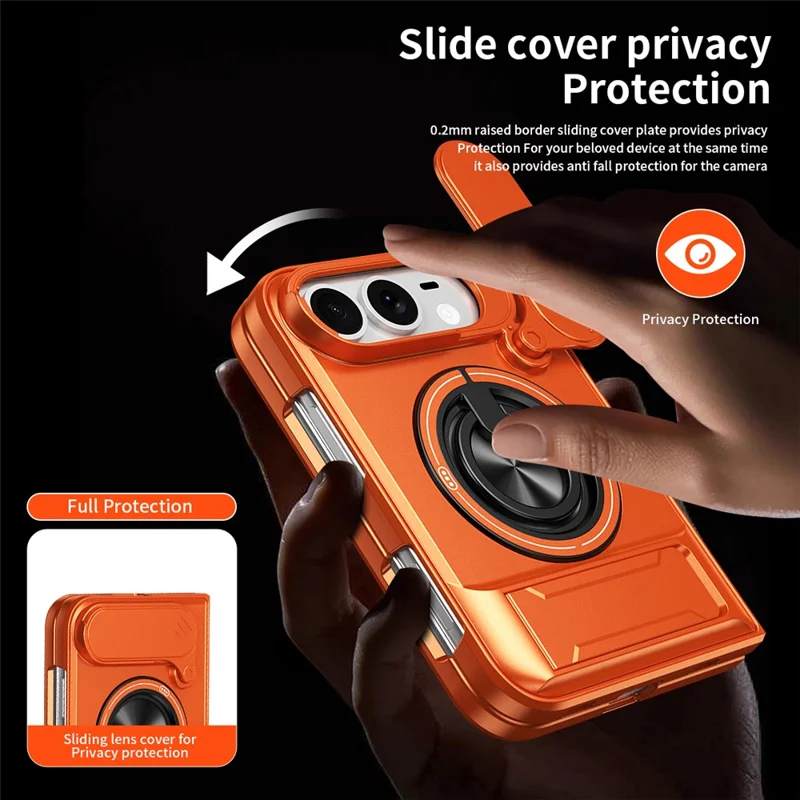 For iPhone Duo Magnetic Case Ring Holder Foldable Kickstand TPU PC Phone Cover with Camera Lens Slider - Orange