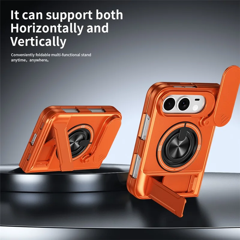 For iPhone Duo Magnetic Case Ring Holder Foldable Kickstand TPU PC Phone Cover with Camera Lens Slider - Orange