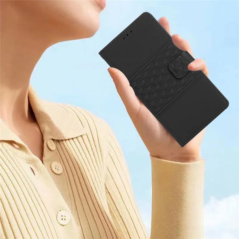 For Samsung Galaxy S27 Case Rhombus Leather Horizontal Flip Phone Cover with Wrist Strap - Black