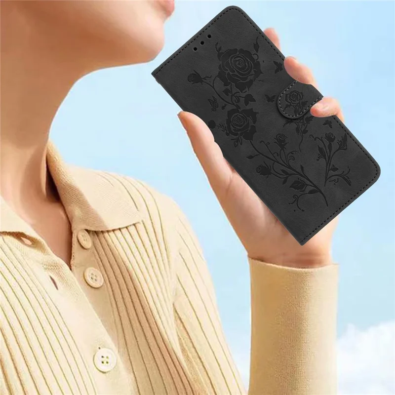 Чехол-кошелек для Samsung Galaxy S27+ с рисунком, имитацией кожи и ремешком — черный