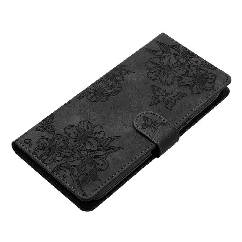 For Samsung Galaxy S27 Case Butterfly Flower Pattern Skin-Touch Leather Phone Cover - Black