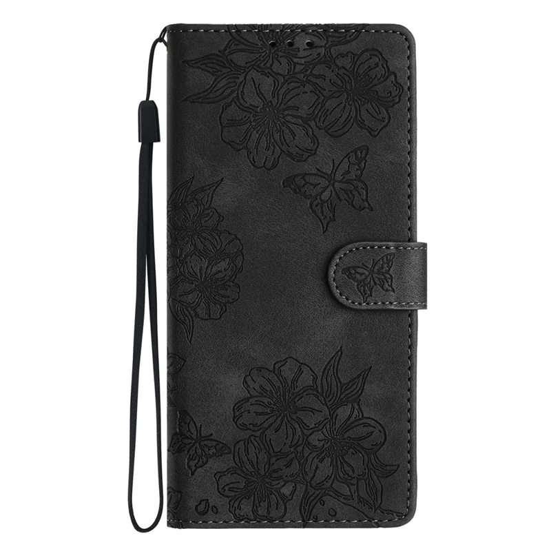 For Samsung Galaxy S27 Case Butterfly Flower Pattern Skin-Touch Leather Phone Cover - Black