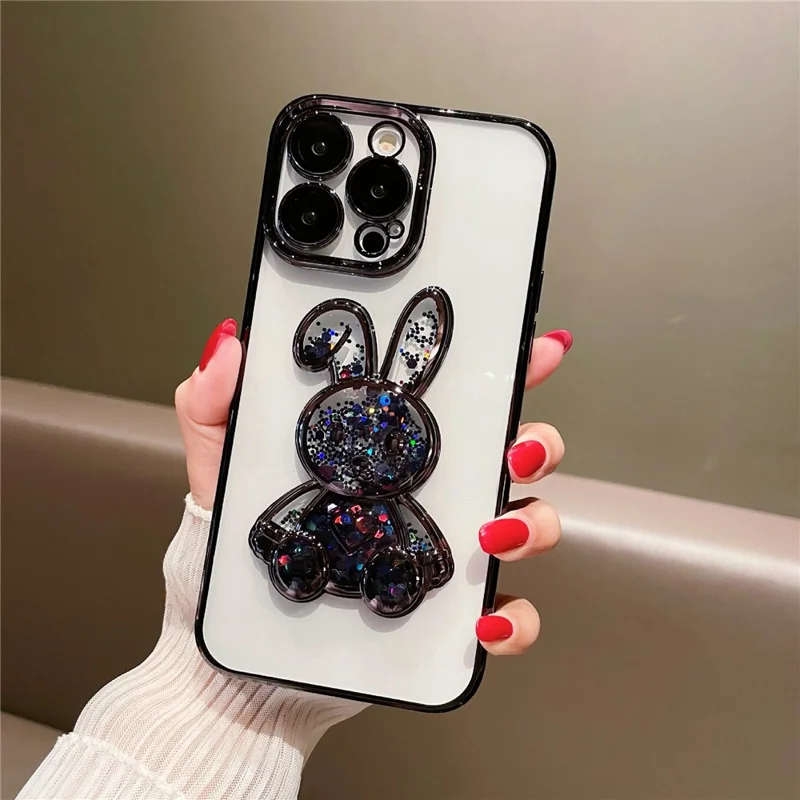 For iPhone 13 Pro Max 6.7 inch Quicksand Rabbit Decor Phone Back Case Electroplating Soft TPU Drop-proof Cover with Tempered Glass Lens Protective Film - Black