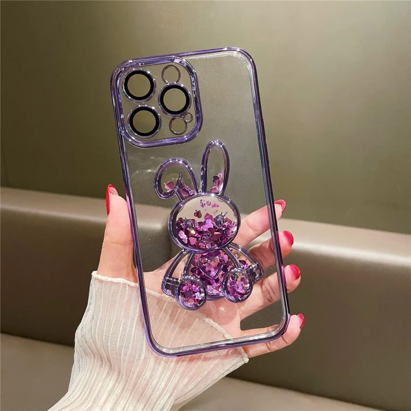 For iPhone 13 Pro Max 6.7 inch Quicksand Rabbit Decor Phone Back Case Electroplating Soft TPU Drop-proof Cover with Tempered Glass Lens Protective Film - Black
