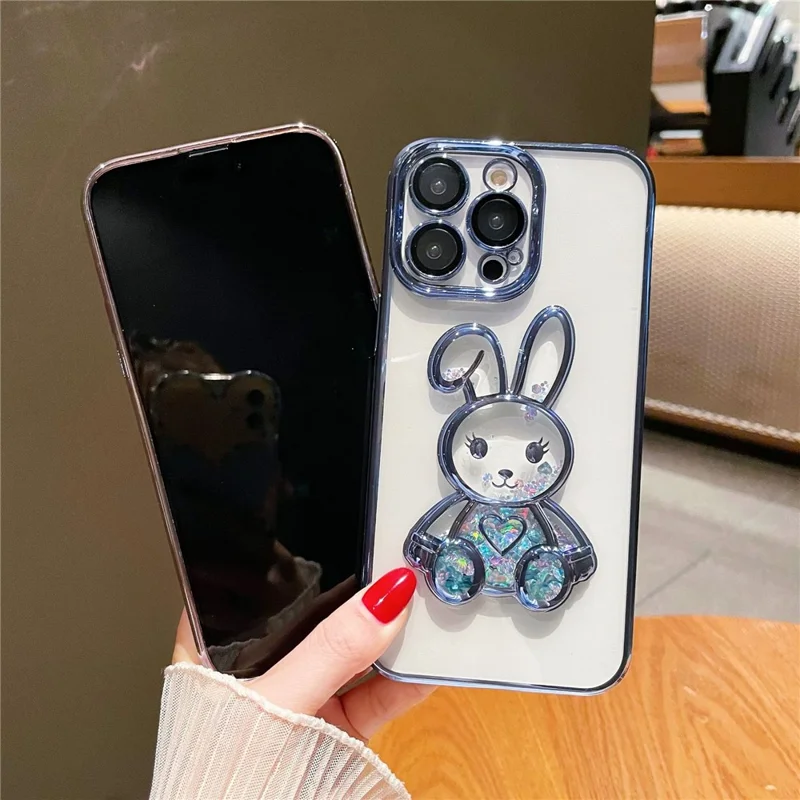 For iPhone 13 Pro Max 6.7 inch Quicksand Rabbit Decor Phone Back Case Electroplating Soft TPU Drop-proof Cover with Tempered Glass Lens Protective Film - Black