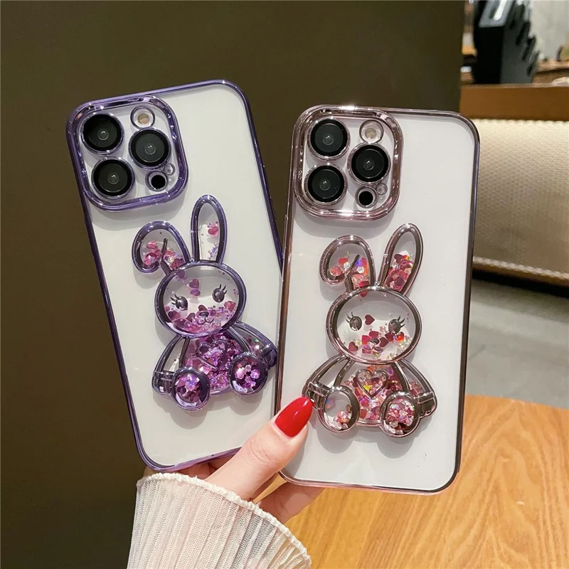 For iPhone 13 Pro Max 6.7 inch Quicksand Rabbit Decor Phone Back Case Electroplating Soft TPU Drop-proof Cover with Tempered Glass Lens Protective Film - Black