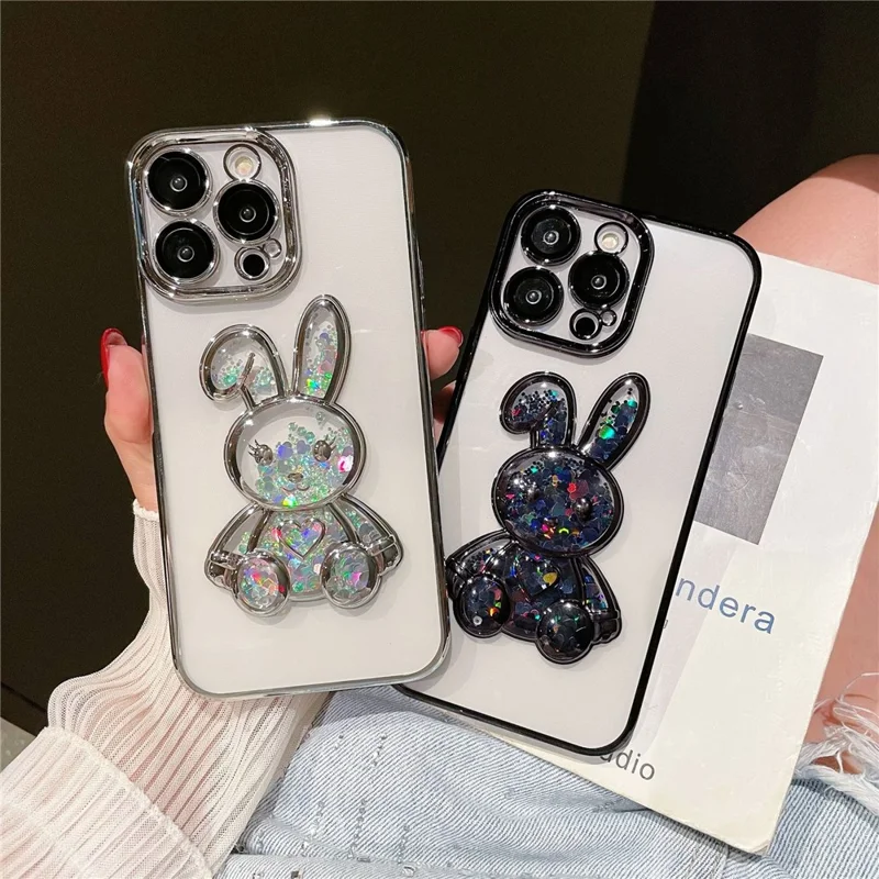 For iPhone 13 Pro Max 6.7 inch Quicksand Rabbit Decor Phone Back Case Electroplating Soft TPU Drop-proof Cover with Tempered Glass Lens Protective Film - Black