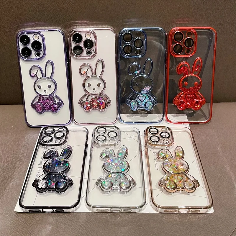 For iPhone 13 Pro Max 6.7 inch Quicksand Rabbit Decor Phone Back Case Electroplating Soft TPU Drop-proof Cover with Tempered Glass Lens Protective Film - Black