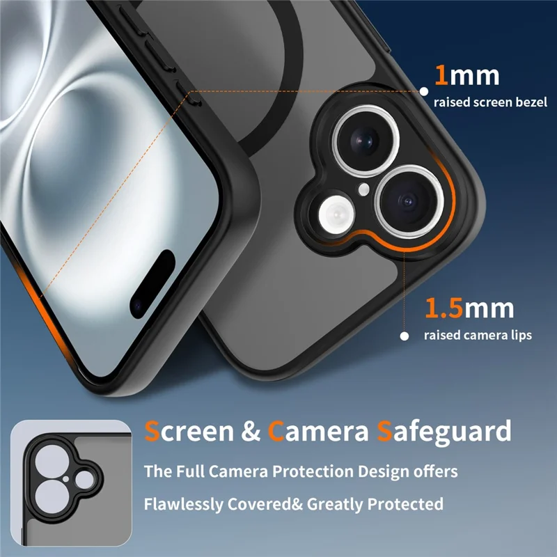 For iPhone 16 Plus Magnetic Case Skin Touch PC + TPU Precise Camera Cutouts Shockproof Phone Cover - Black