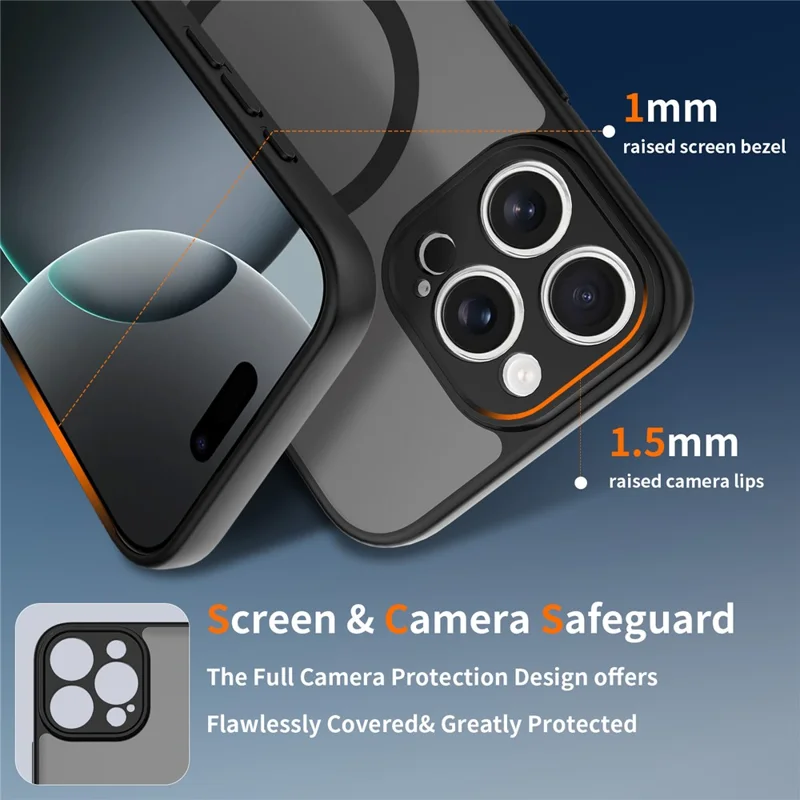 For iPhone 15 Pro Max Magnetic Case Skin Touch PC + TPU Precise Camera Cutouts Shockproof Phone Cover - Black