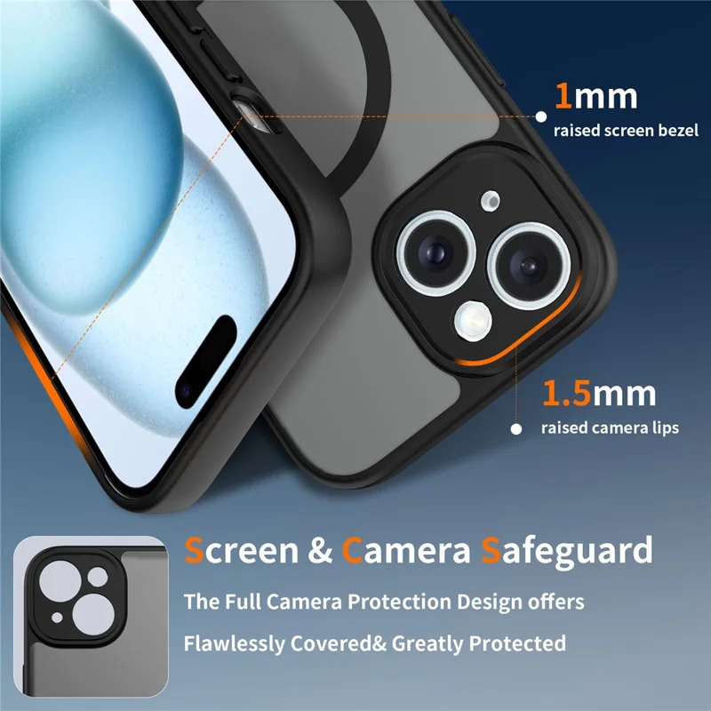For iPhone 15 Plus Magnetic Case Skin Touch PC + TPU Precise Camera Cutouts Shockproof Phone Cover - Black