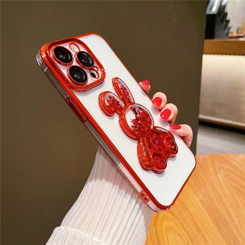 For iPhone 14 Pro Lovely Quicksand Rabbit Design Back Case Electroplating TPU Anti-scratch Cover with Tempered Glass Lens Film - Black