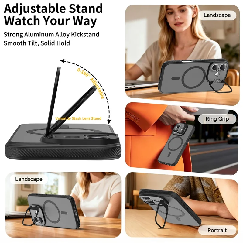 For iPhone 17 Magnetic Case Camera Lens Frame Kickstand PC + TPU Phone Cover - Black