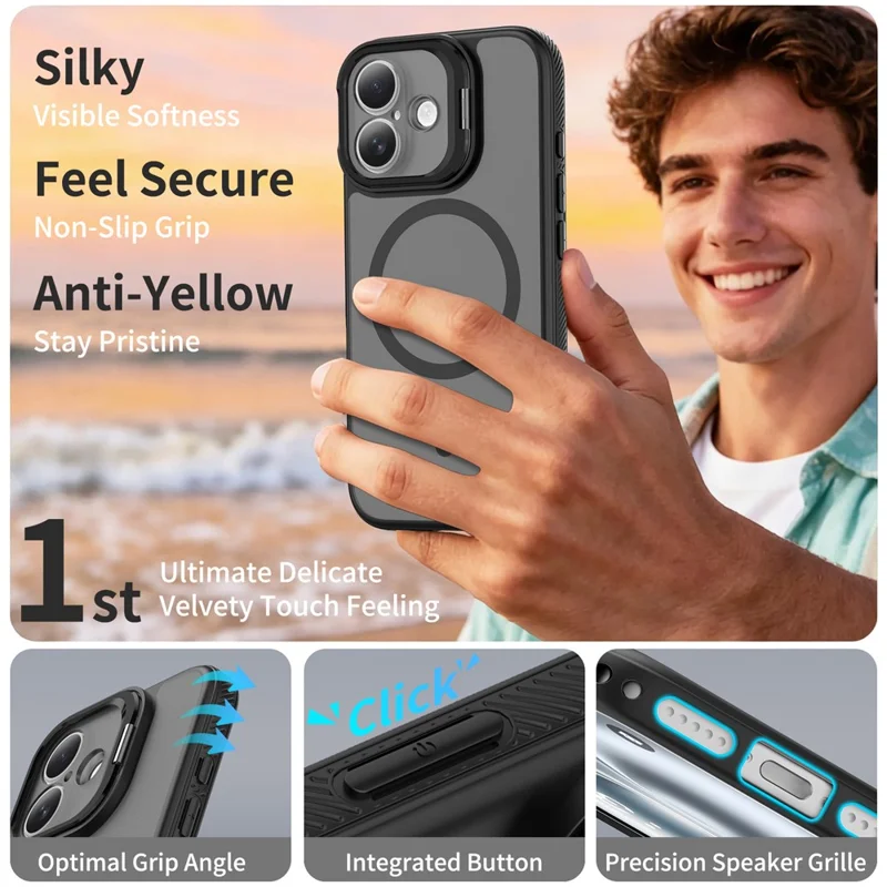 For iPhone 17 Magnetic Case Camera Lens Frame Kickstand PC + TPU Phone Cover - Black